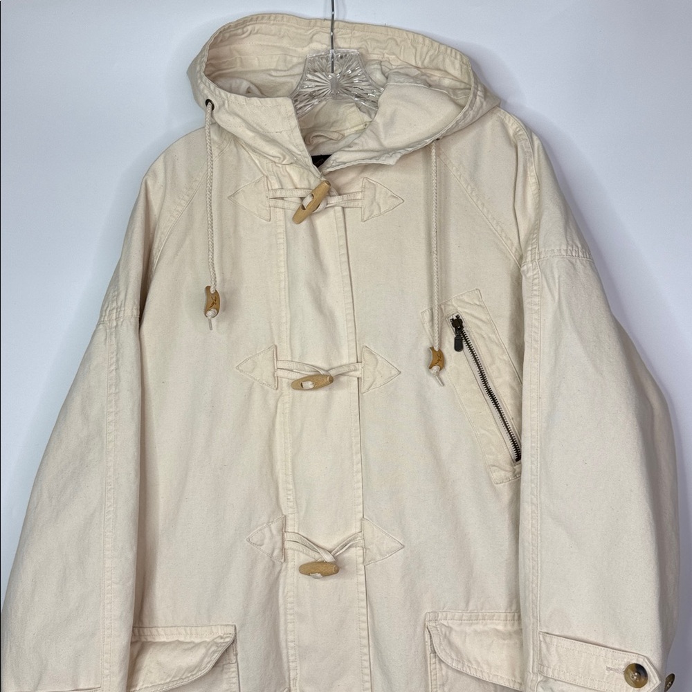Vintage Eddie Bauer Hooded Toggle Beige Cargo Chore Jacket Size Large - Picture 2 of 11